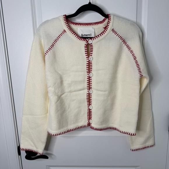 &merci Sweaters - &merci Cream Button-Front Cardigan with Red Contrast Trim small